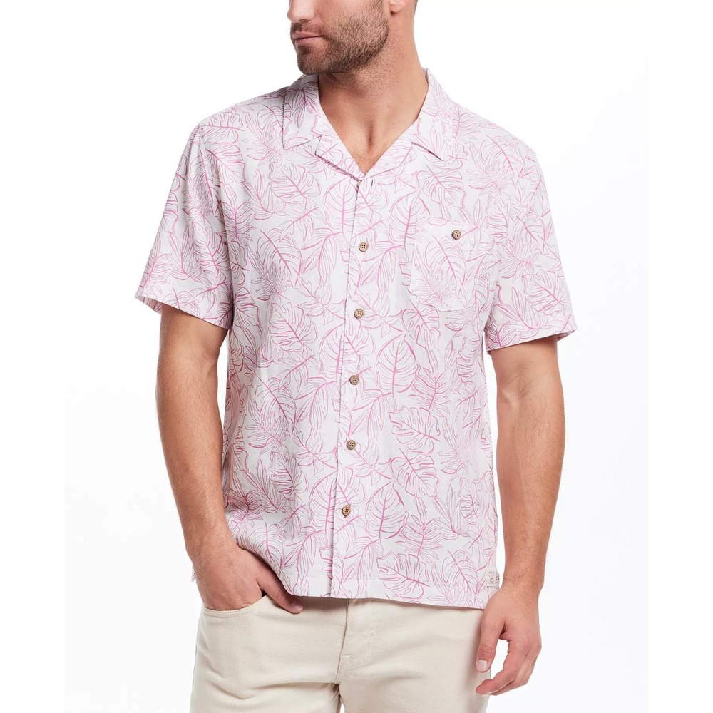 Weatherproof Vintage Mens Large Linen Blend Tropical Palm Leaf Shirt Magenta NEW